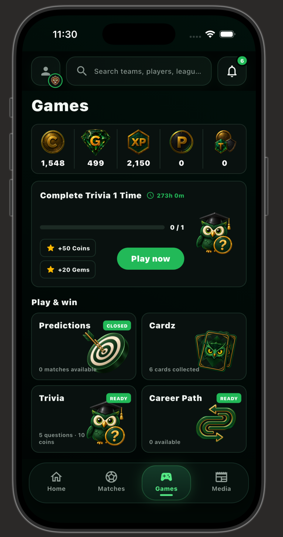 شاشة الألعاب في تطبيق Ballwhizz